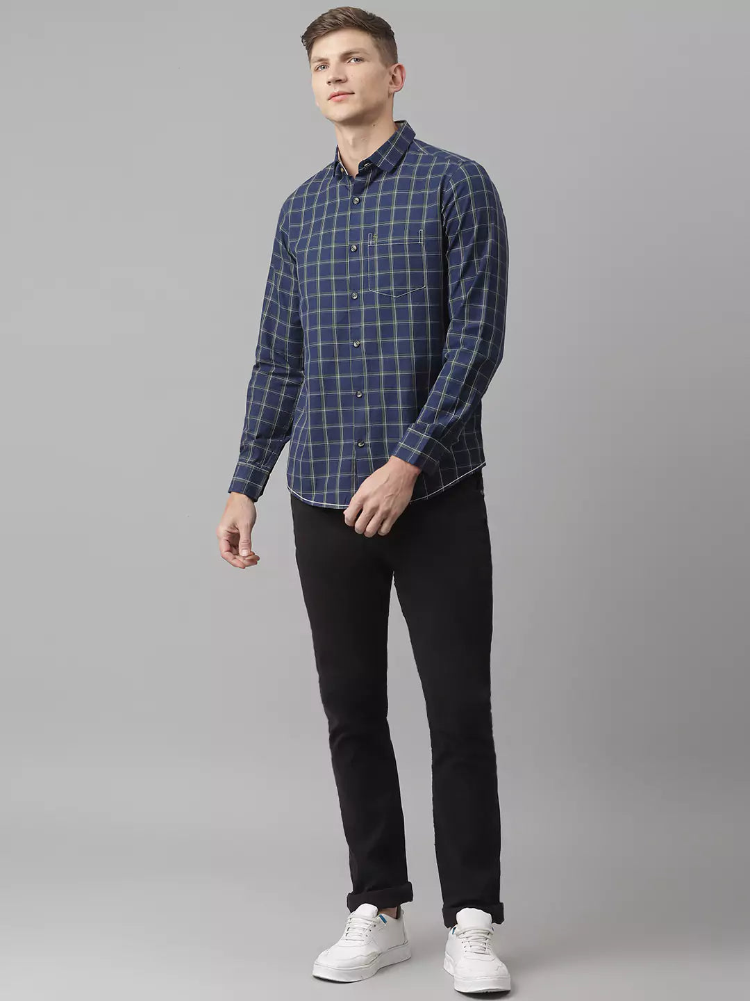 Thomas Scott Men Blue Slim Fit Cotton Checked Casual Sustainable Shirt