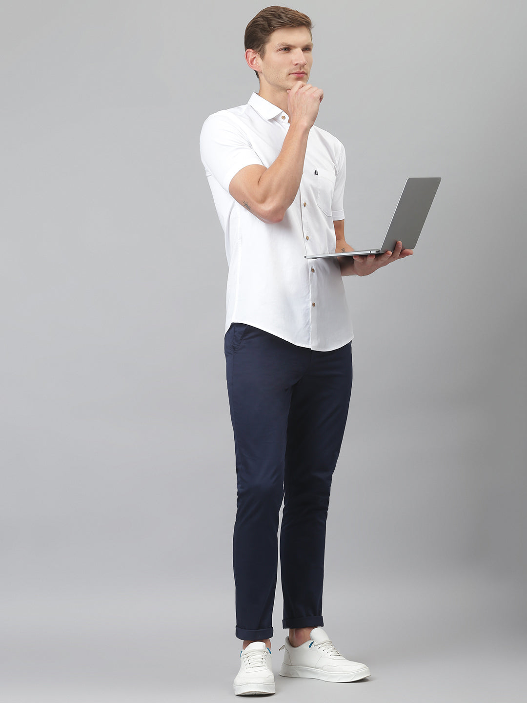 Thomas Scott Men White Slim Fit Short Sleeves Spread Collar Cotton Casual Shirt