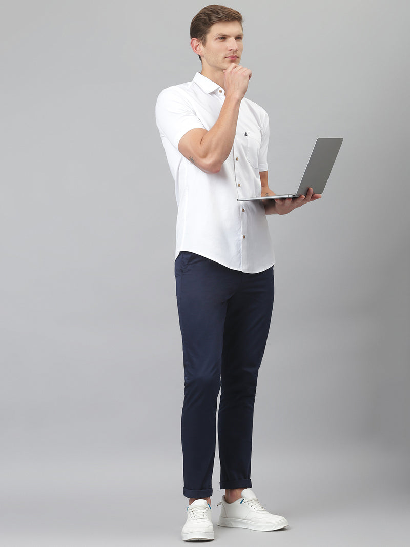 Thomas Scott Men White Slim Fit Short Sleeves Spread Collar Cotton Casual Shirt