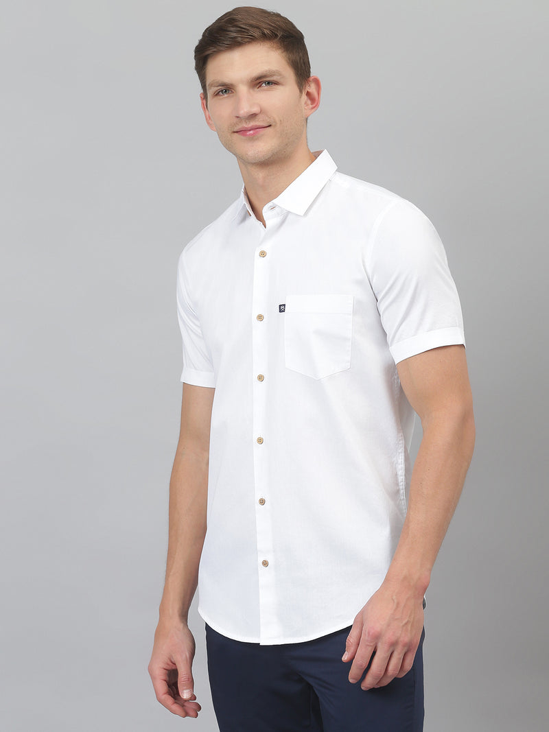 Thomas Scott Men White Slim Fit Short Sleeves Spread Collar Cotton Casual Shirt