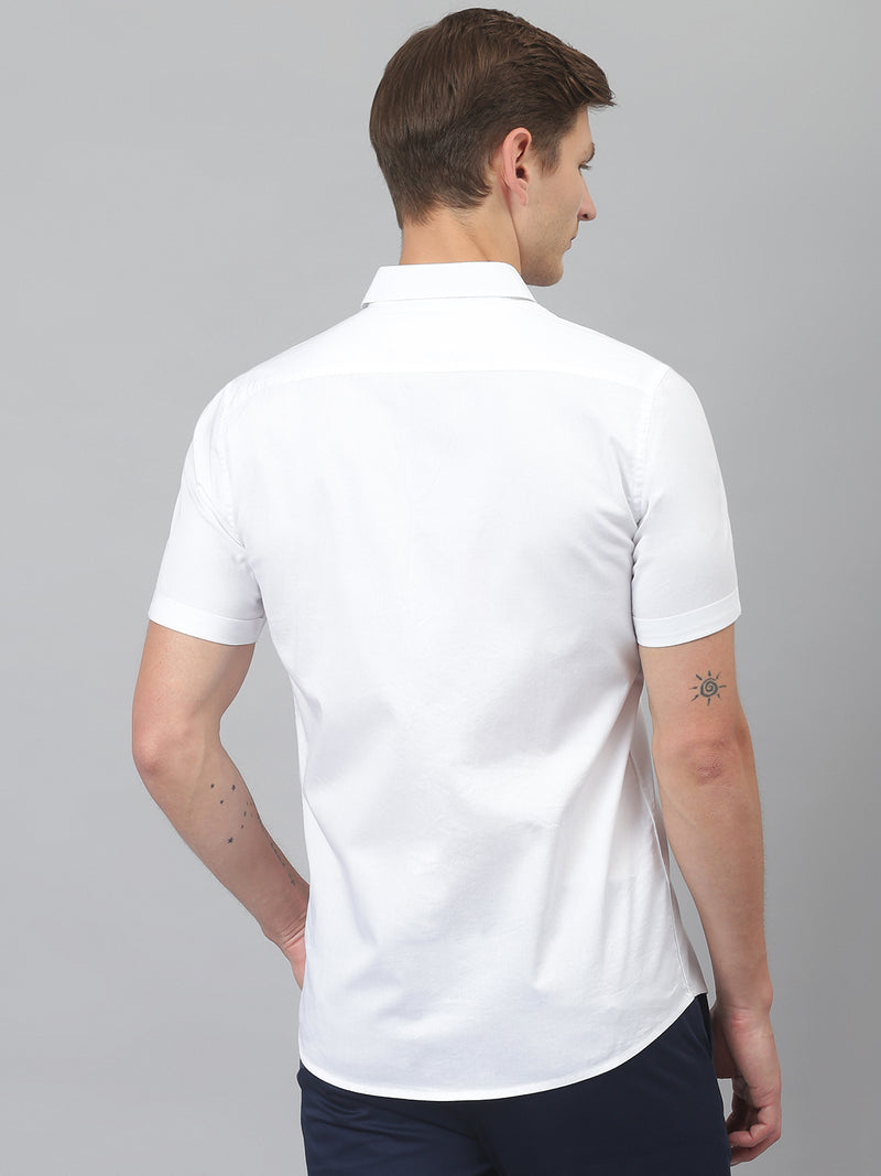 Thomas Scott Men White Slim Fit Short Sleeves Spread Collar Cotton Casual Shirt