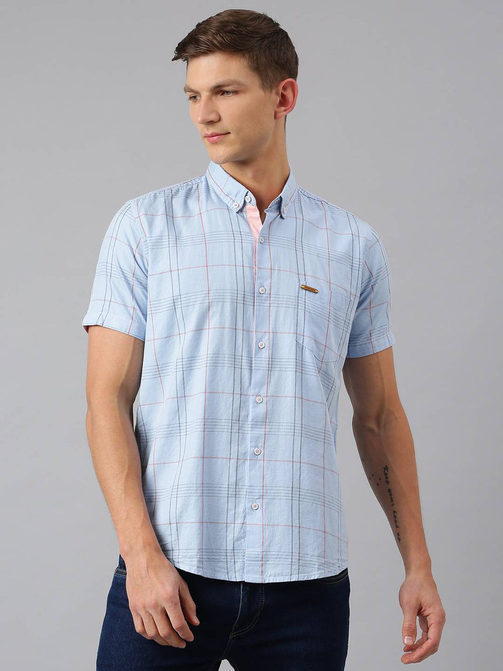 Thomas Scott Men Blue Slim Fit Checked Pure Cotton Casual Sustainable Shirt