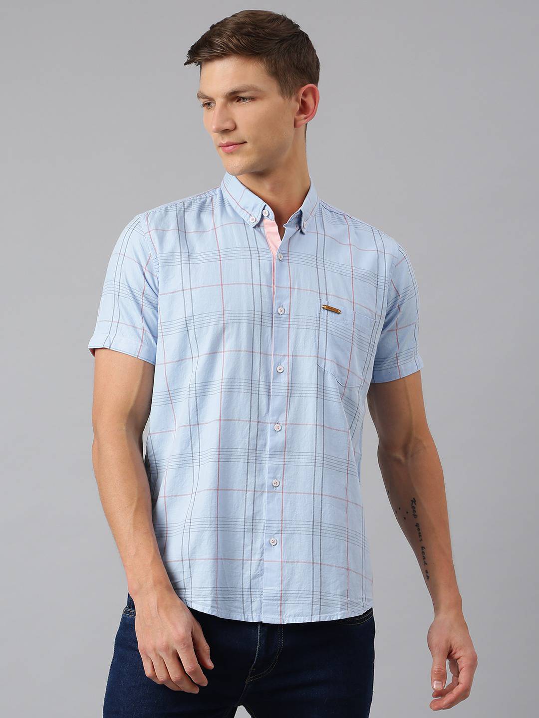 Thomas Scott Men Blue Slim Fit Checked Pure Cotton Casual Sustainable Shirt