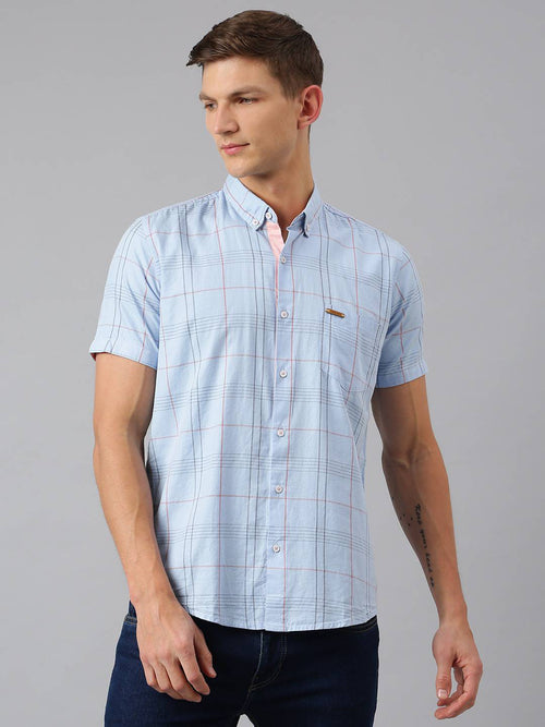 Thomas Scott Men Blue Slim Fit Checked Pure Cotton Casual Sustainable Shirt