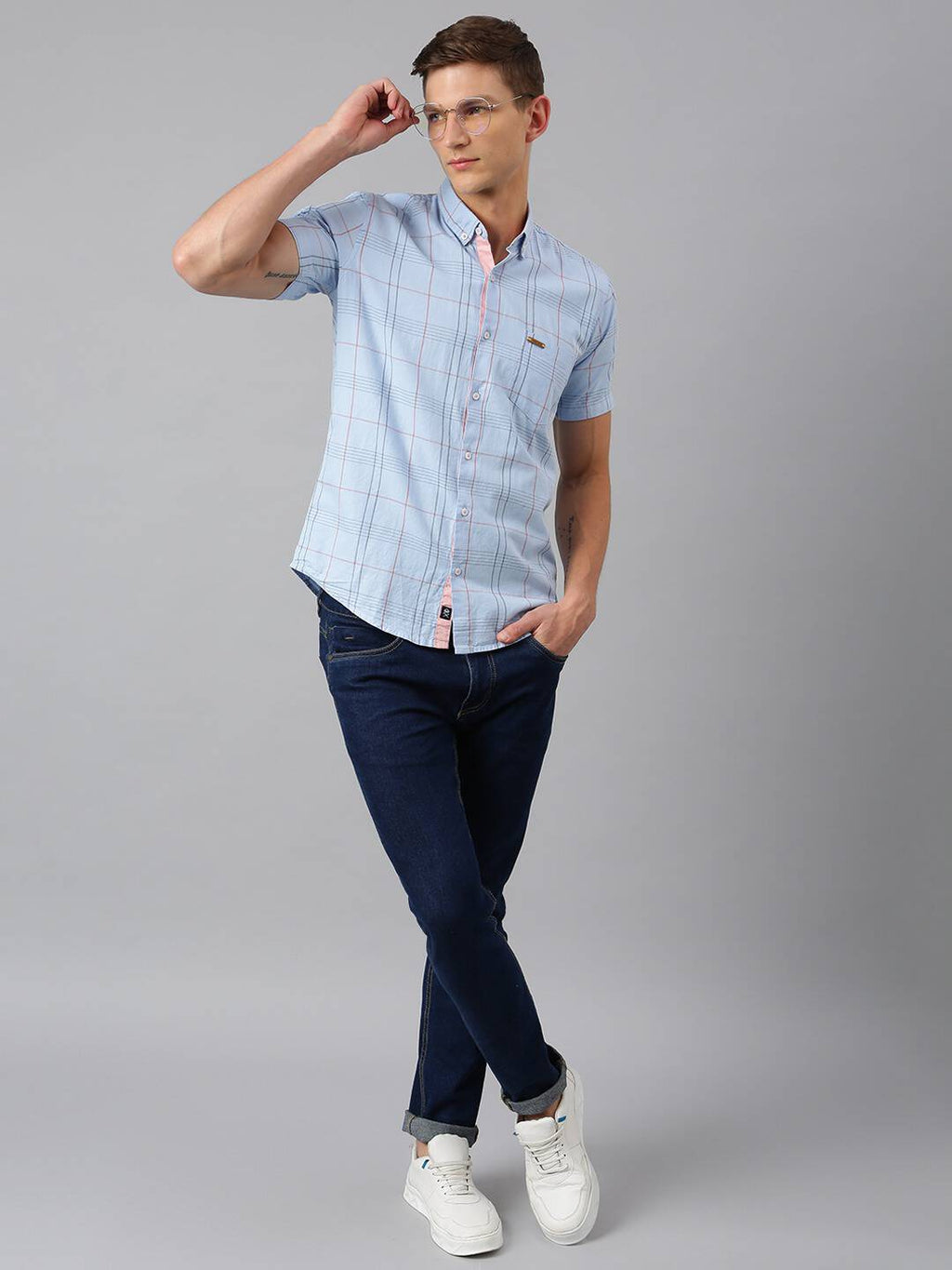 Thomas Scott Men Blue Slim Fit Checked Pure Cotton Casual Sustainable Shirt