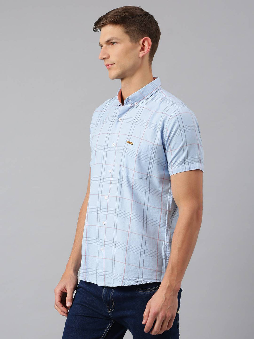 Thomas Scott Men Blue Slim Fit Checked Pure Cotton Casual Sustainable Shirt