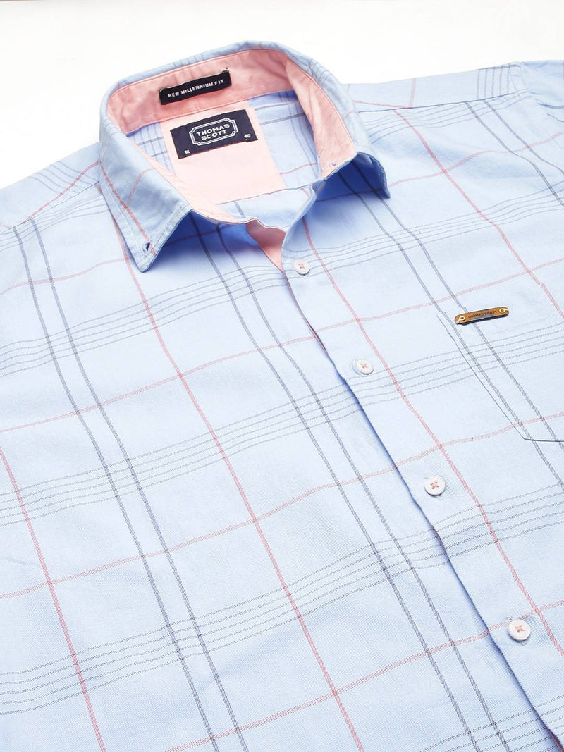 Thomas Scott Men Blue Slim Fit Checked Pure Cotton Casual Sustainable Shirt