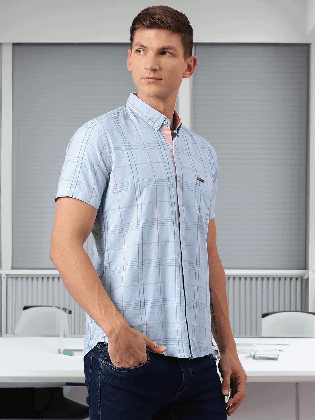 Thomas Scott Men Blue Slim Fit Checked Pure Cotton Casual Sustainable Shirt