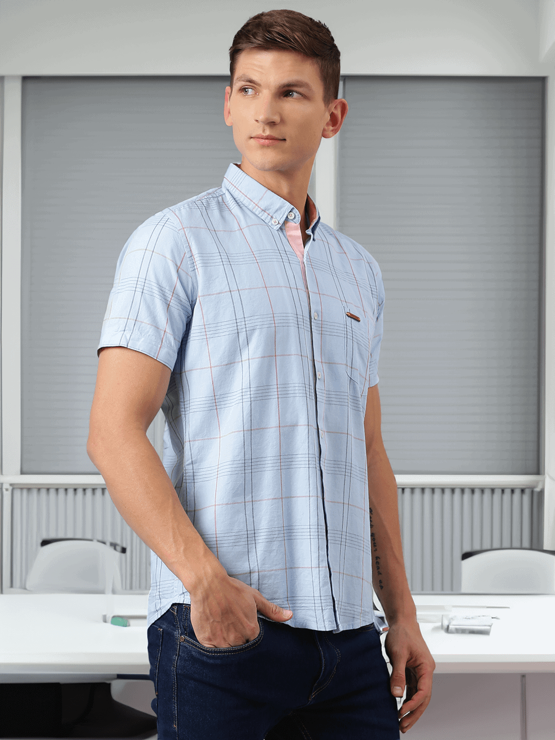 Thomas Scott Men Blue Slim Fit Checked Pure Cotton Casual Sustainable Shirt