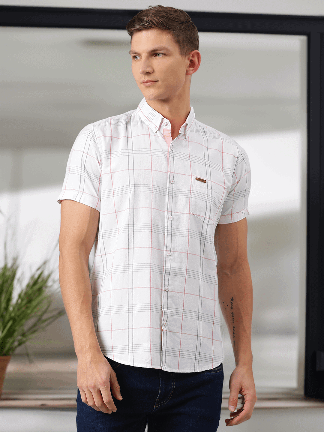 Thomas Scott Men White Slim Fit Checked Casual Sustainable Shirt