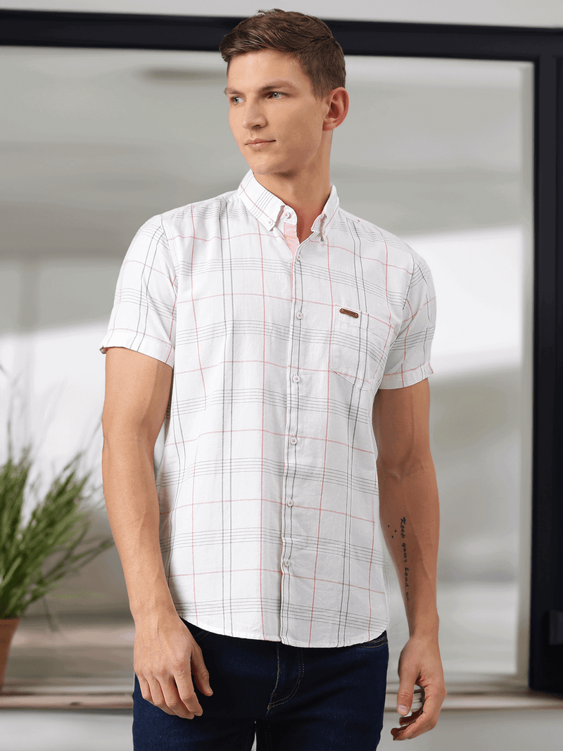 Thomas Scott Men White Slim Fit Checked Casual Sustainable Shirt