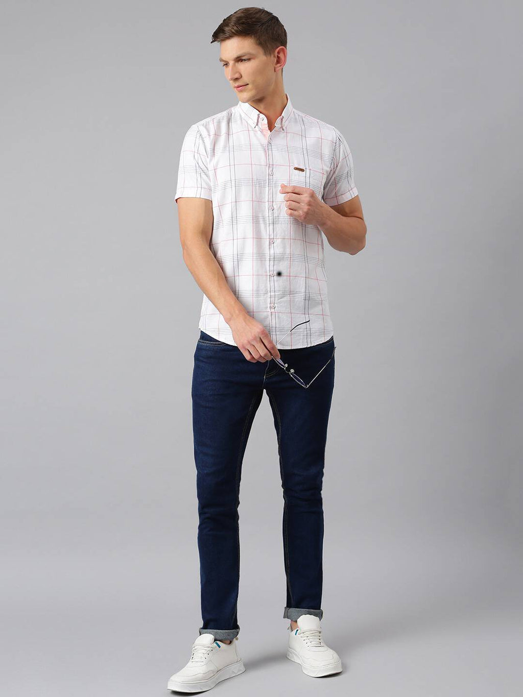 Thomas Scott Men White Slim Fit Checked Casual Sustainable Shirt