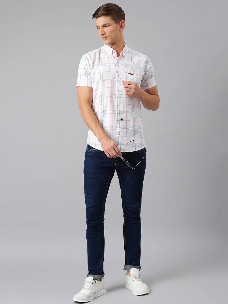 Thomas Scott Men White Slim Fit Checked Casual Sustainable Shirt