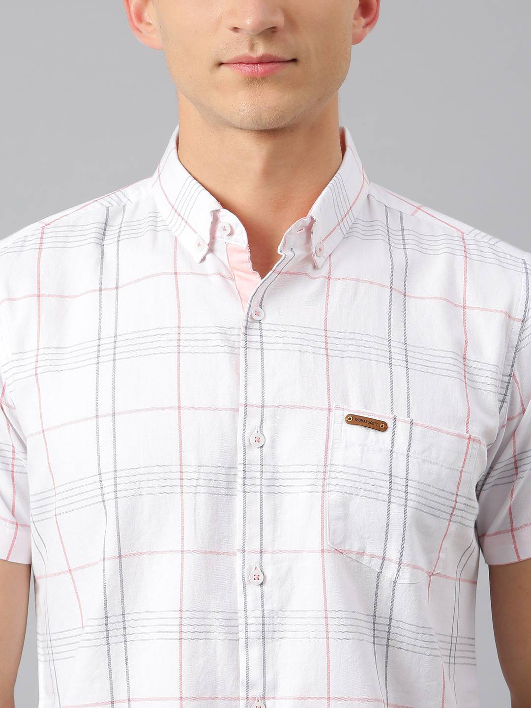 Thomas Scott Men White Slim Fit Checked Casual Sustainable Shirt