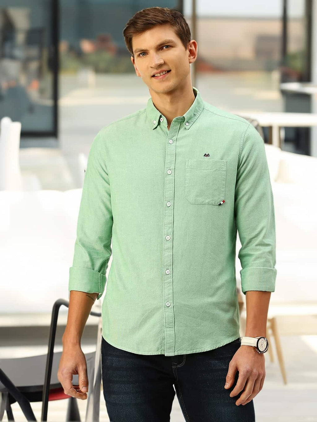 Thomas Scott Men Cotton Button-Down Collar Twill Classic Slim Fit Opaque Casual Shirt