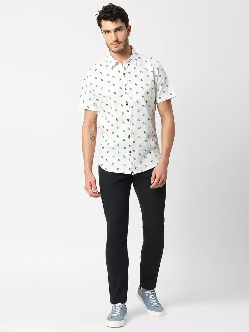 Thomas Scott Men White Slim Fit Printed Pure Cotton Casual Shirt