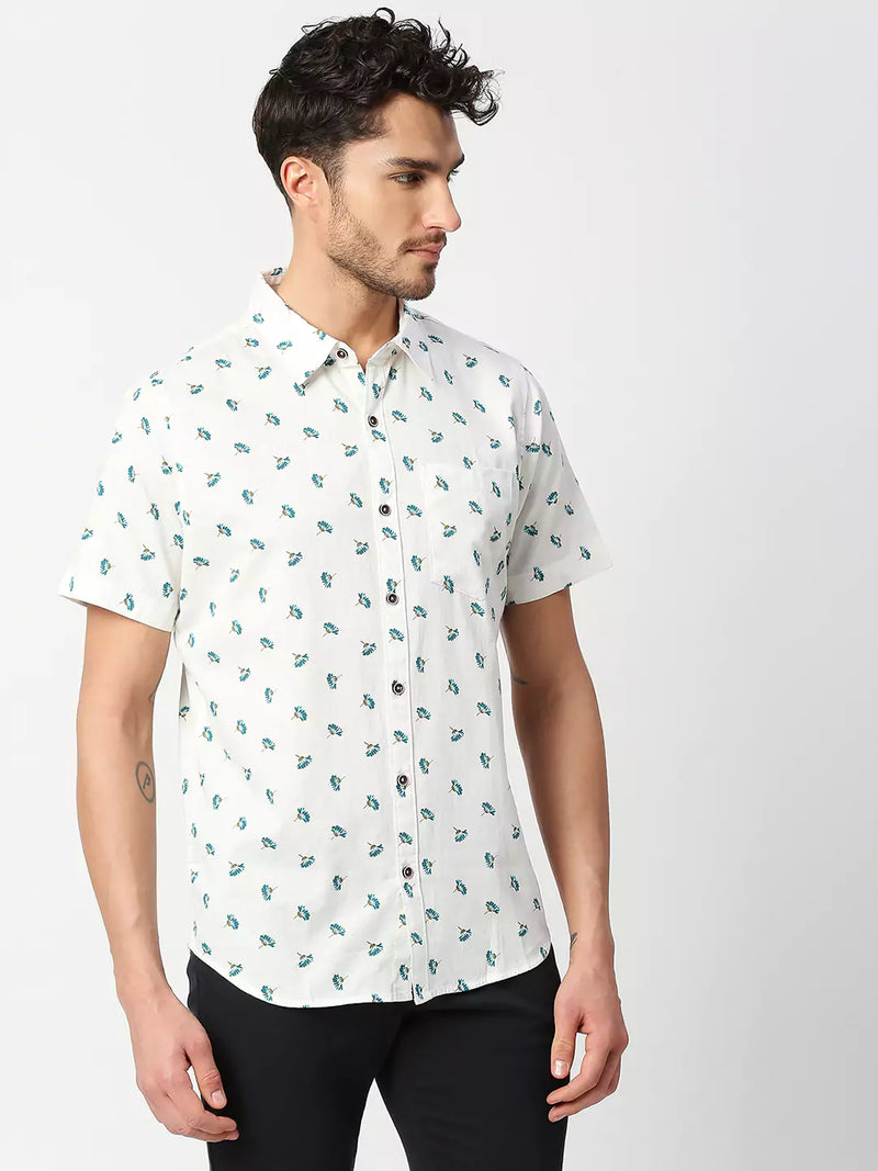 Thomas Scott Men White Slim Fit Printed Pure Cotton Casual Shirt