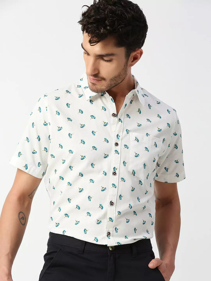 Thomas Scott Men White Slim Fit Printed Pure Cotton Casual Shirt