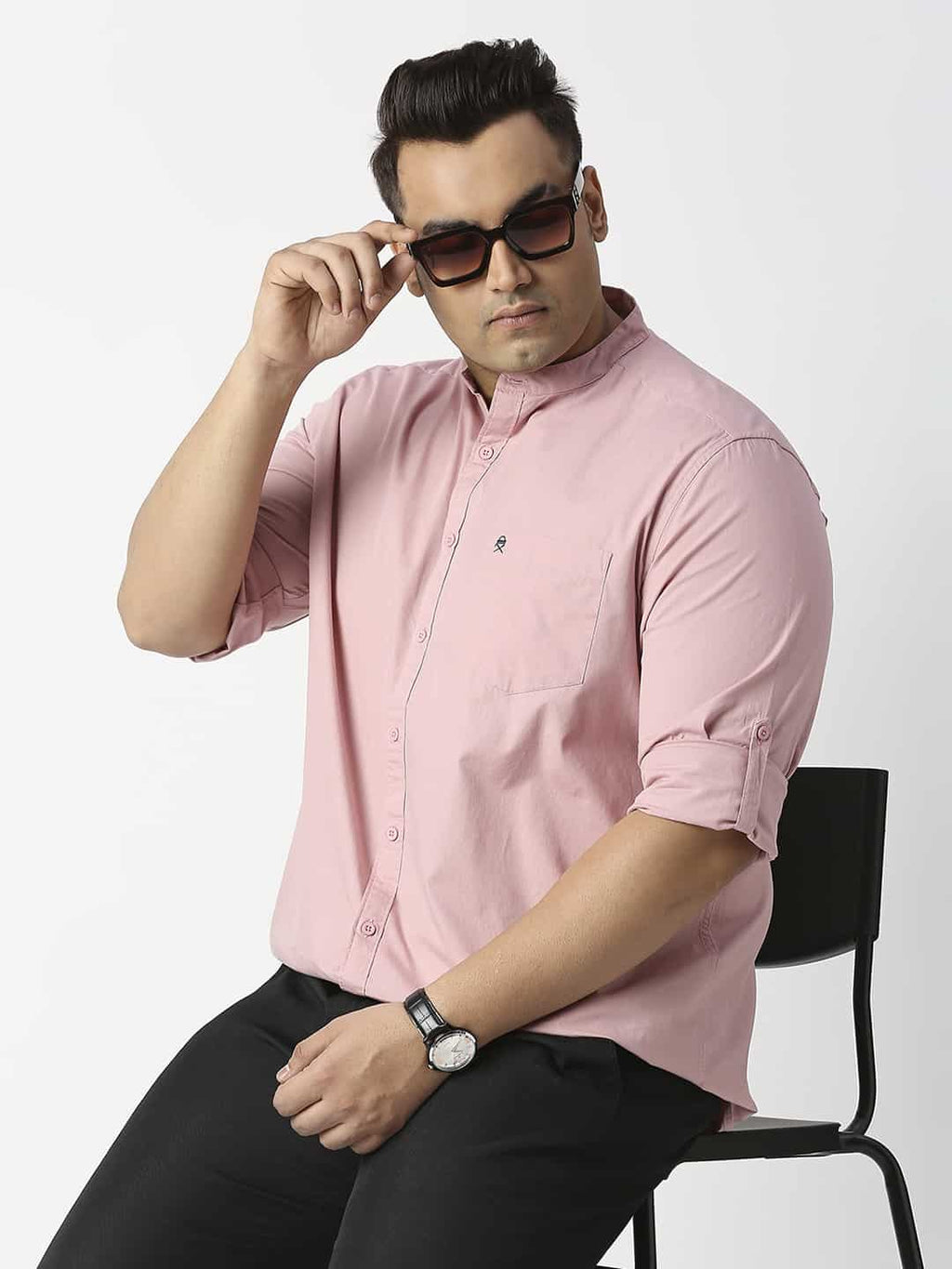 Thomas Scott Men Plus Size Mandarin Collar Slim Fit Cotton Casual Shirt