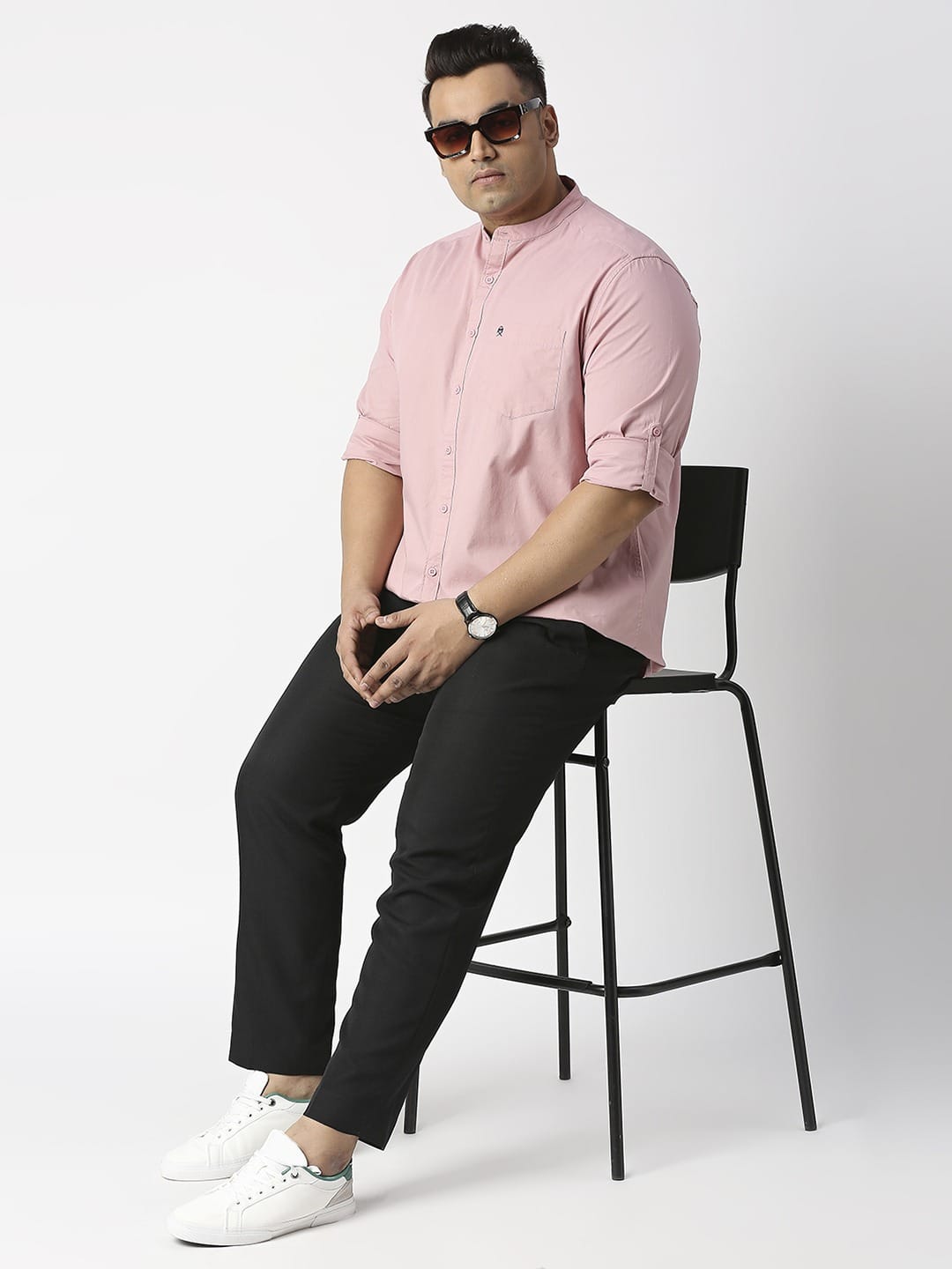 Thomas Scott Men Plus Size Mandarin Collar Slim Fit Cotton Casual Shirt