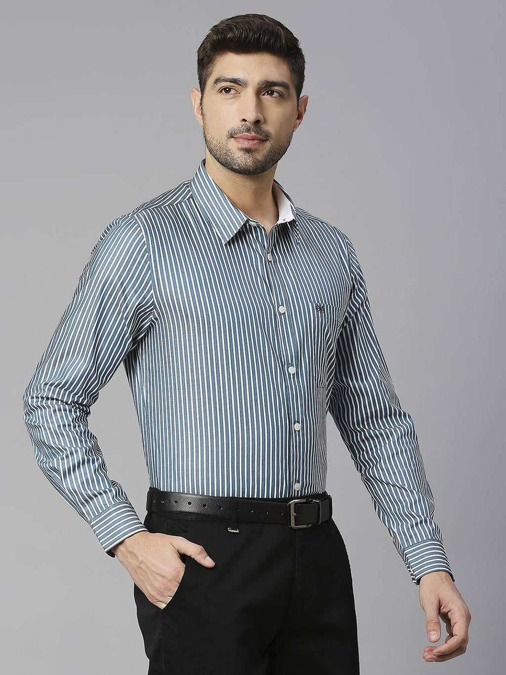 Thomas Scott Men Classic Slim Fit Striped Pure Cotton Formal Shirt