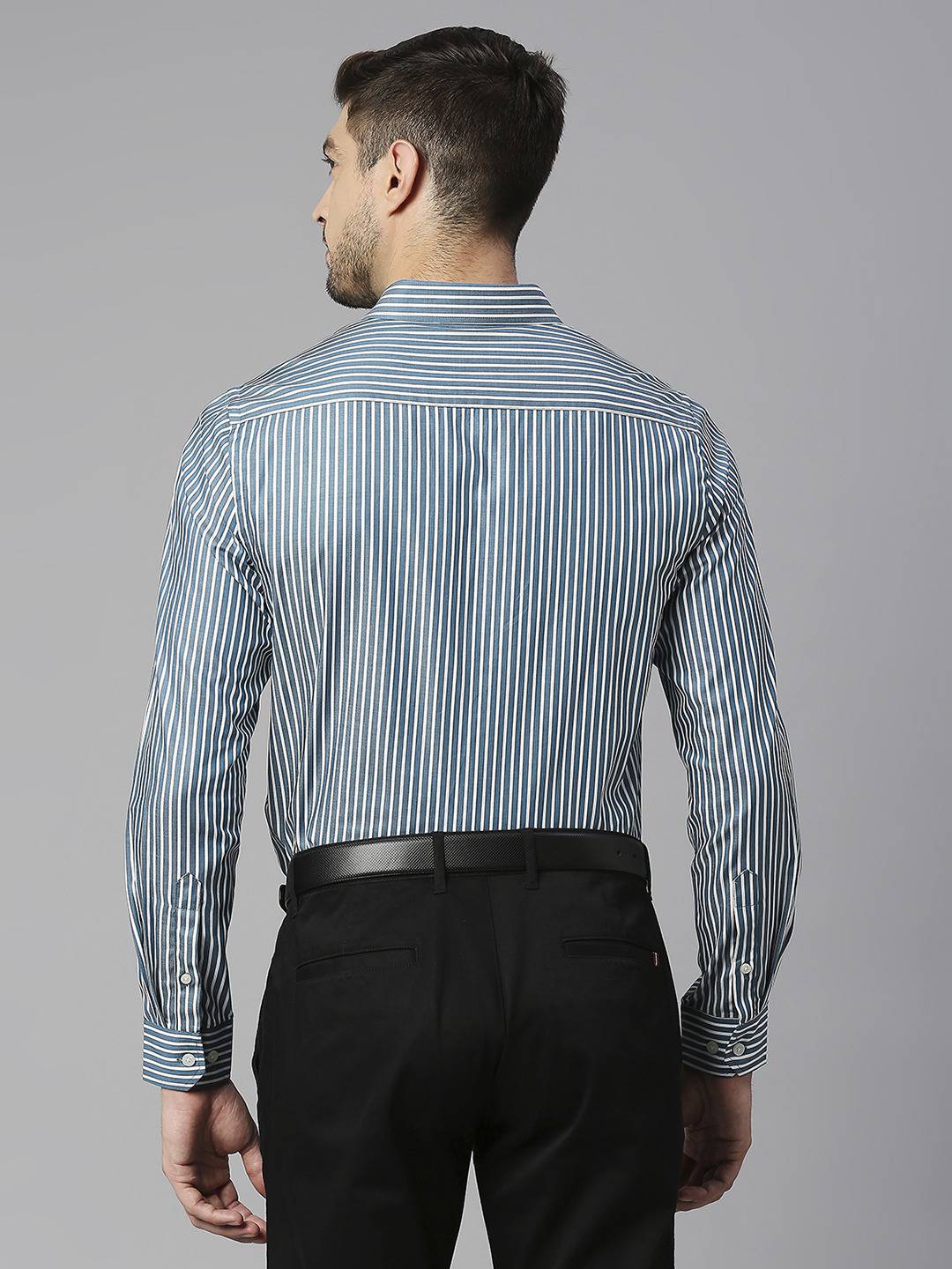 Thomas Scott Men Classic Slim Fit Striped Pure Cotton Formal Shirt