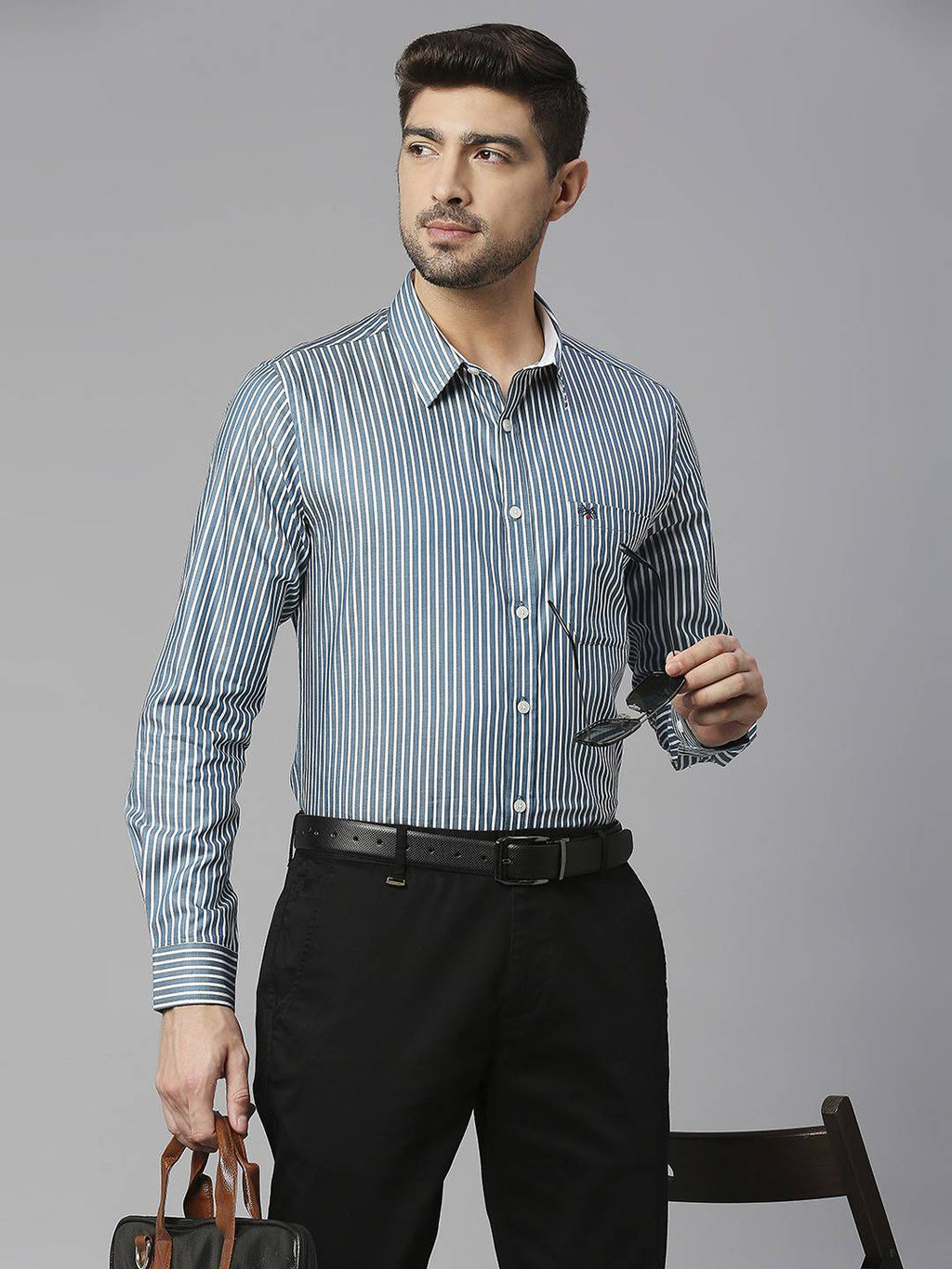 Thomas Scott Men Classic Slim Fit Striped Pure Cotton Formal Shirt