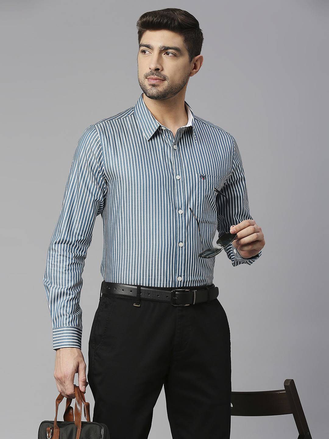Thomas Scott Men Classic Slim Fit Striped Pure Cotton Formal Shirt