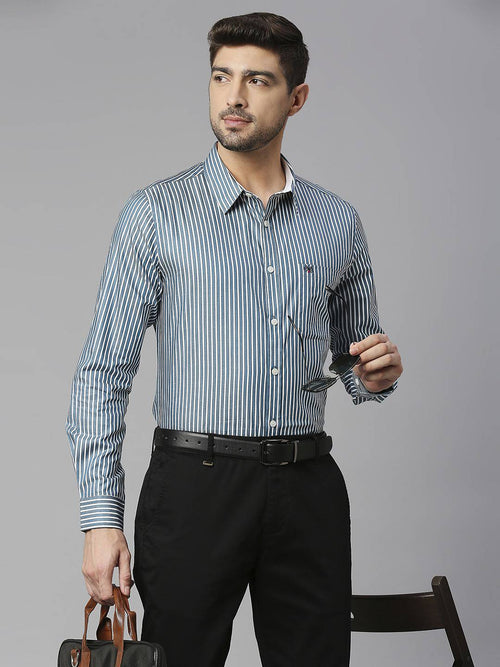 Thomas Scott Men Classic Slim Fit Striped Pure Cotton Formal Shirt