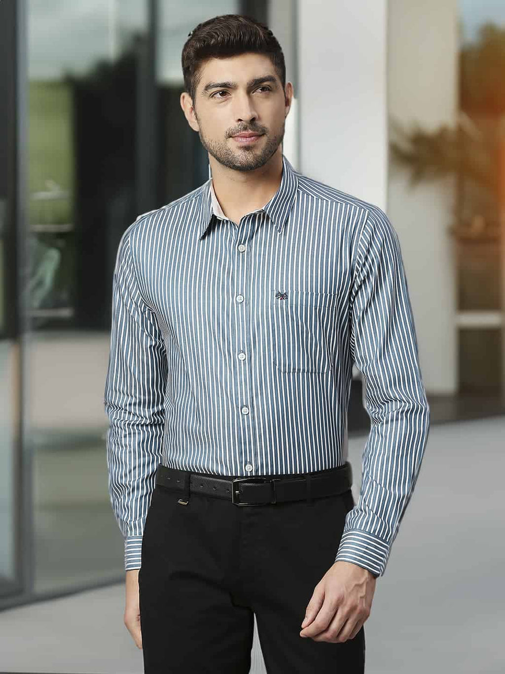 Thomas Scott Men Classic Slim Fit Striped Pure Cotton Formal Shirt