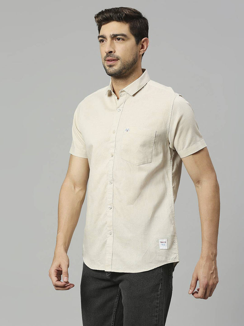 Thomas Scott Men Classic Slim Fit Opaque Cotton Linen Casual Shirt