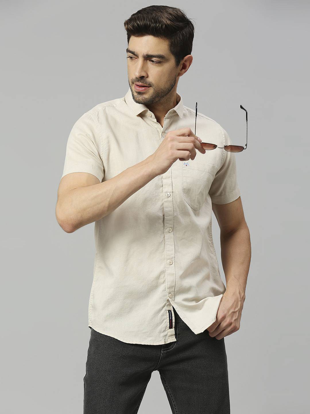 Thomas Scott Men Classic Slim Fit Opaque Cotton Linen Casual Shirt