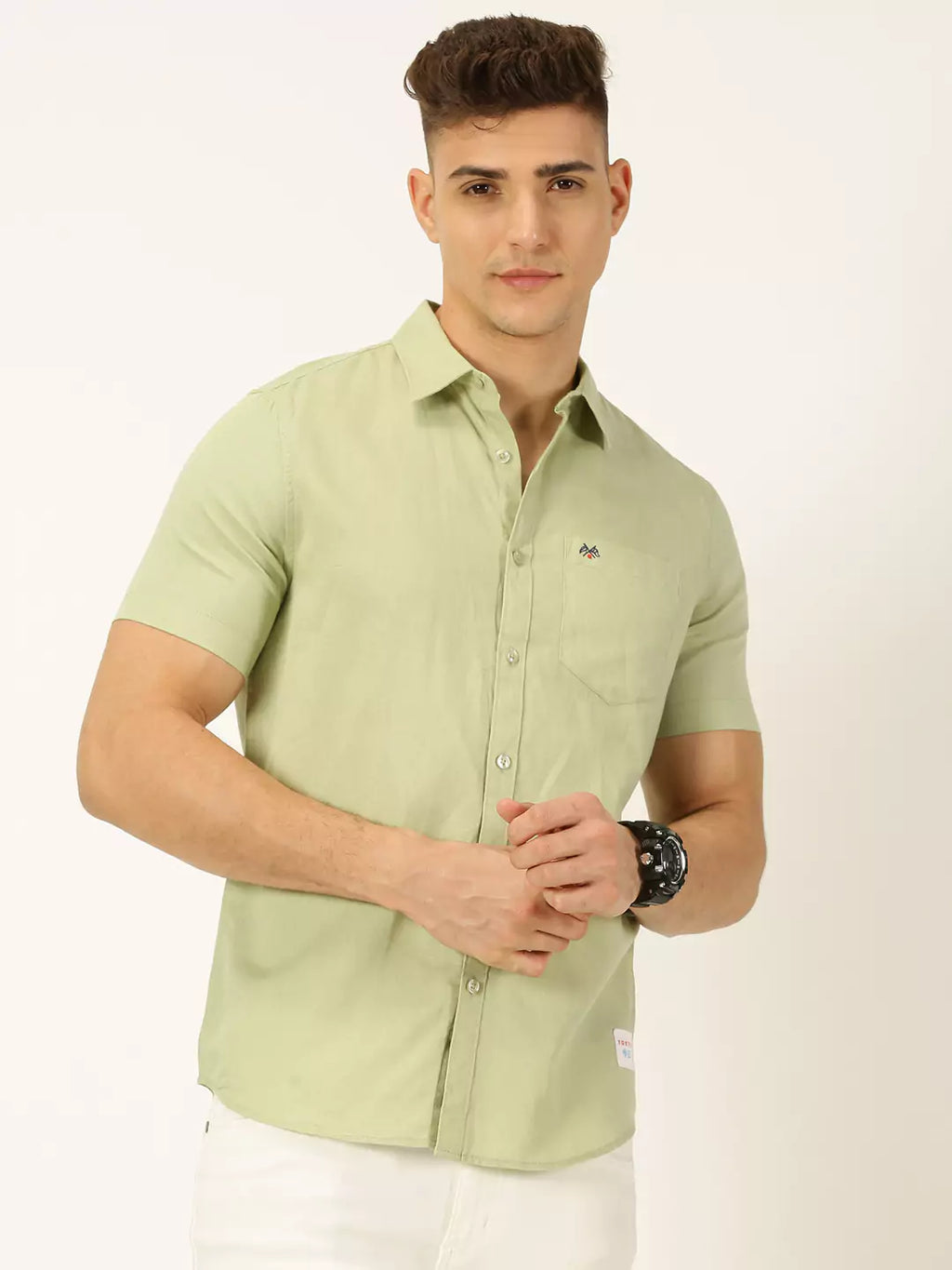 Thomas Scott Men Classic Cotton Linen Slim Fit Short Sleeves Casual Shirt