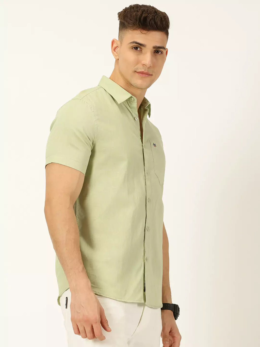 Thomas Scott Men Classic Cotton Linen Slim Fit Short Sleeves Casual Shirt