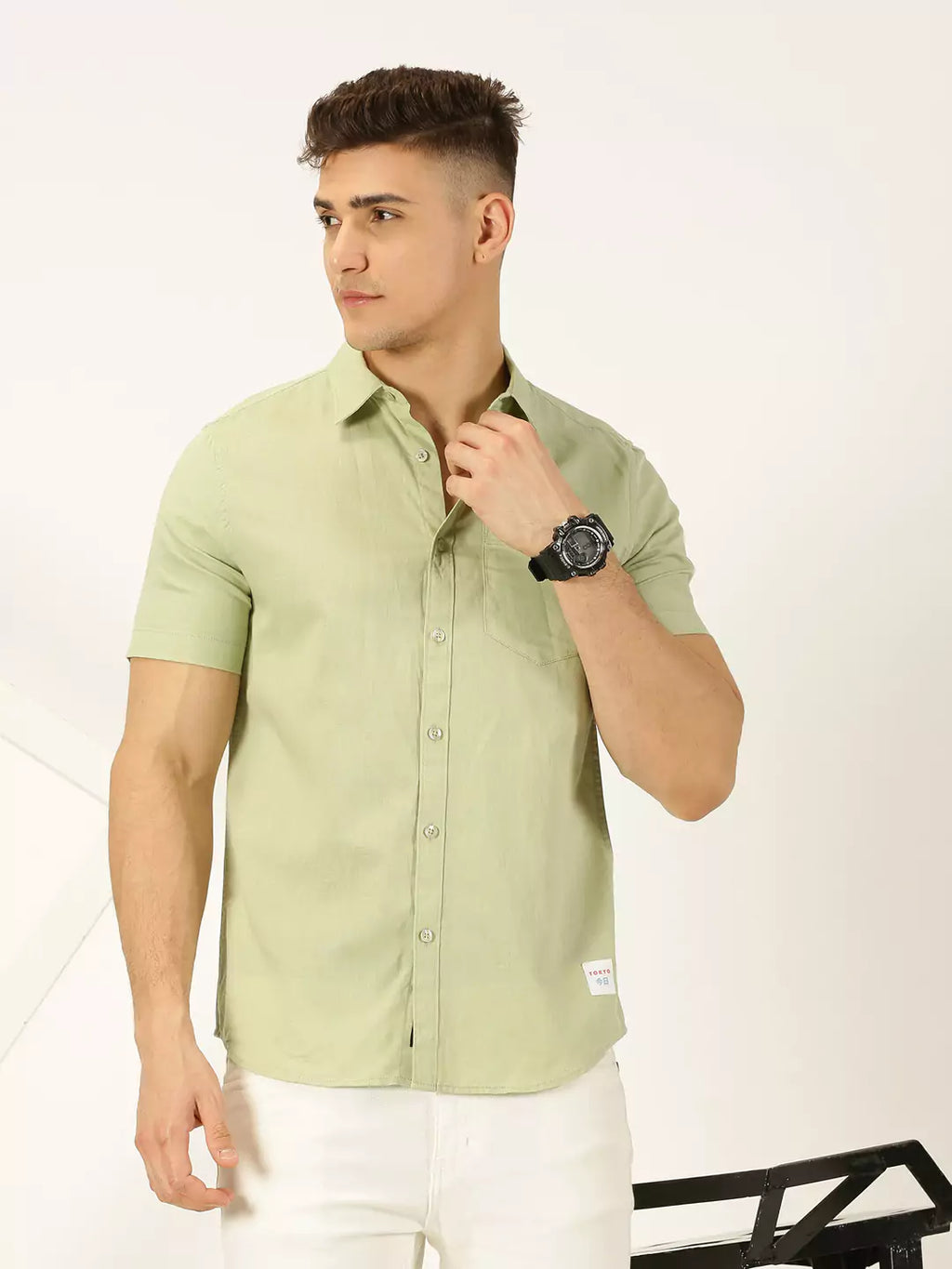 Thomas Scott Men Classic Cotton Linen Slim Fit Short Sleeves Casual Shirt