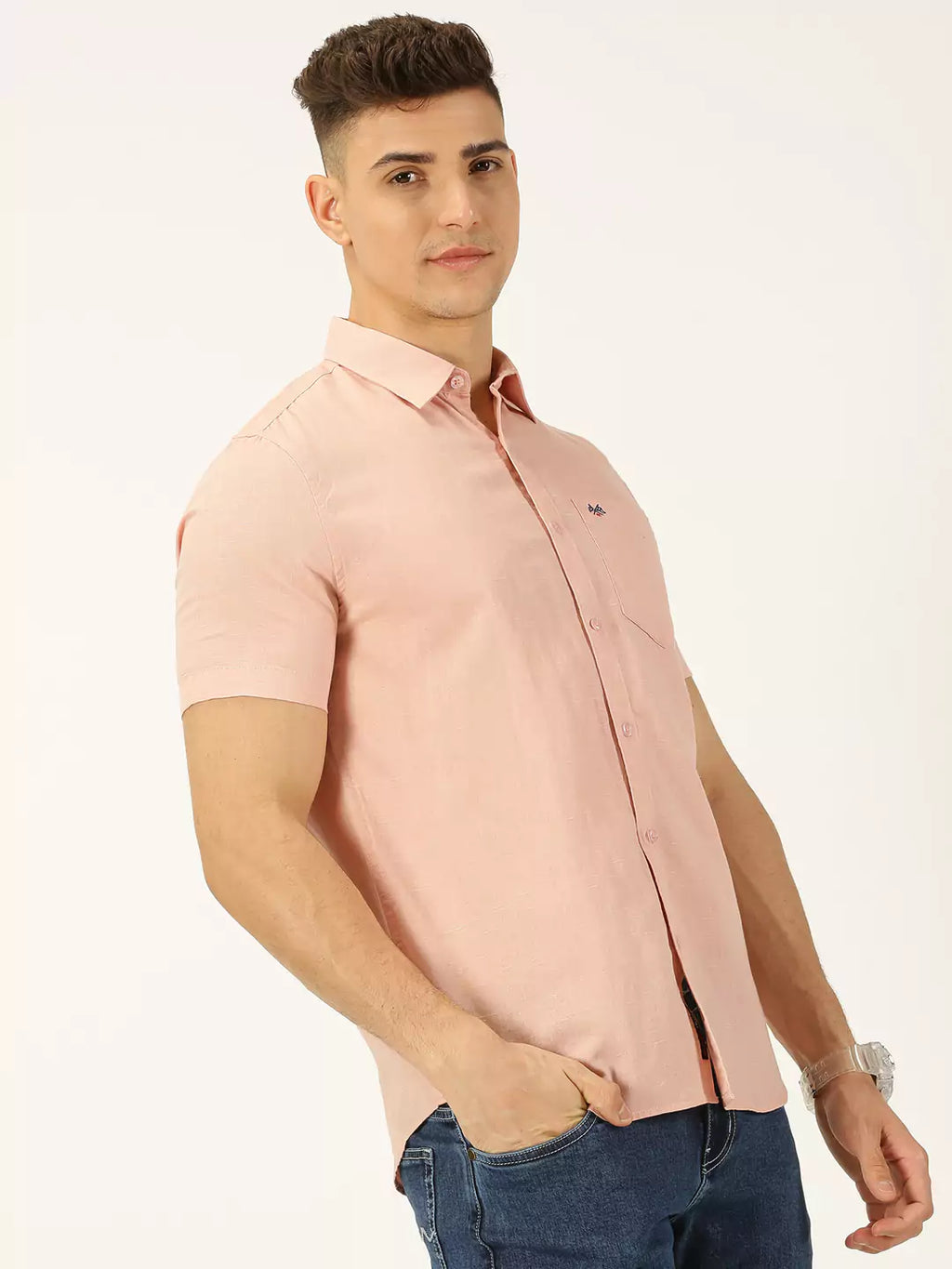 Thomas Scott Men Classic Cotton Linen Slim Fit Short Sleeves Casual Shirt