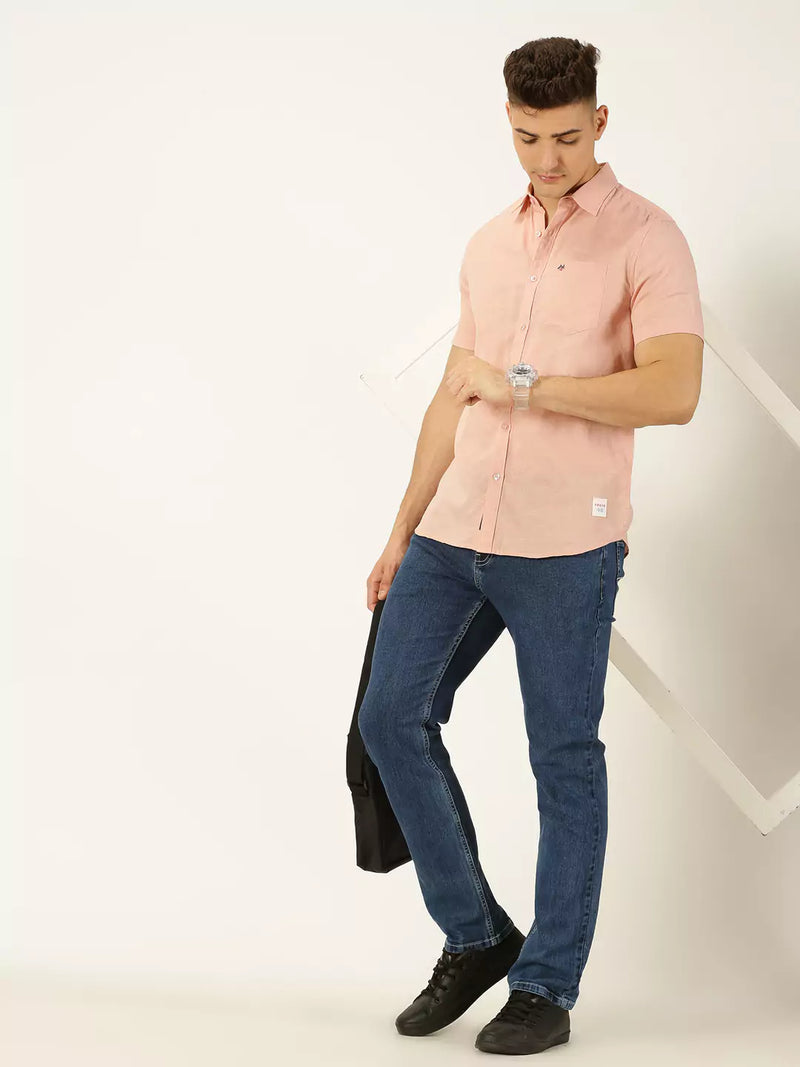 Thomas Scott Men Classic Cotton Linen Slim Fit Short Sleeves Casual Shirt