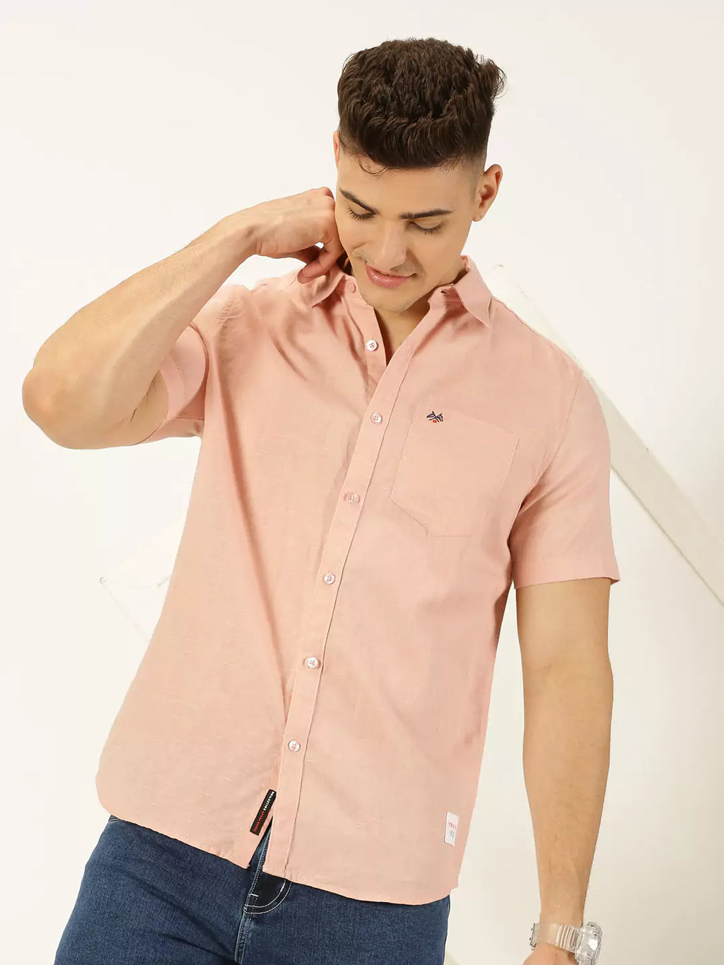 Thomas Scott Men Classic Cotton Linen Slim Fit Short Sleeves Casual Shirt