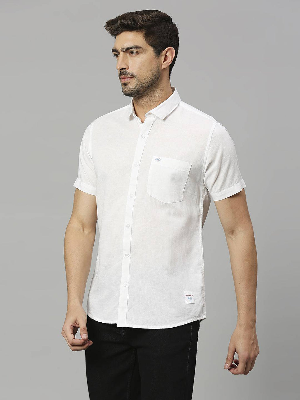 Thomas Scott Men Cutaway Collar Classic Slim Fit Cotton Linen Casual Shirt