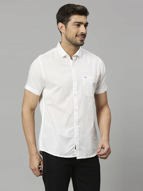 Thomas Scott Men Cutaway Collar Classic Slim Fit Cotton Linen Casual Shirt
