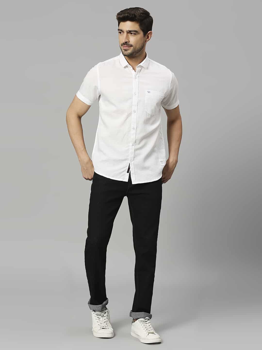 Thomas Scott Men Cutaway Collar Classic Slim Fit Cotton Linen Casual Shirt