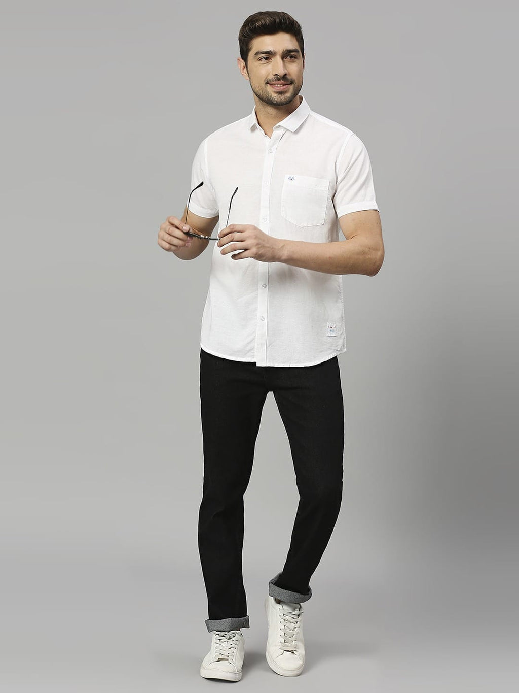 Thomas Scott Men Cutaway Collar Classic Slim Fit Cotton Linen Casual Shirt