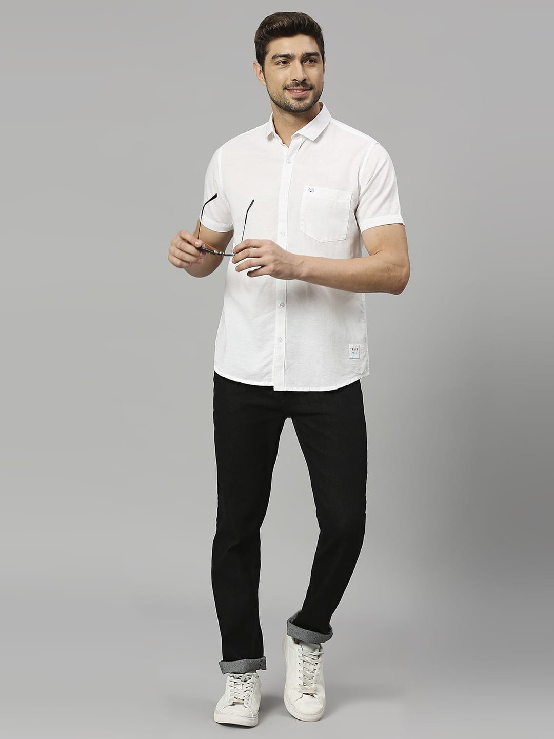 Thomas Scott Men Cutaway Collar Classic Slim Fit Cotton Linen Casual Shirt