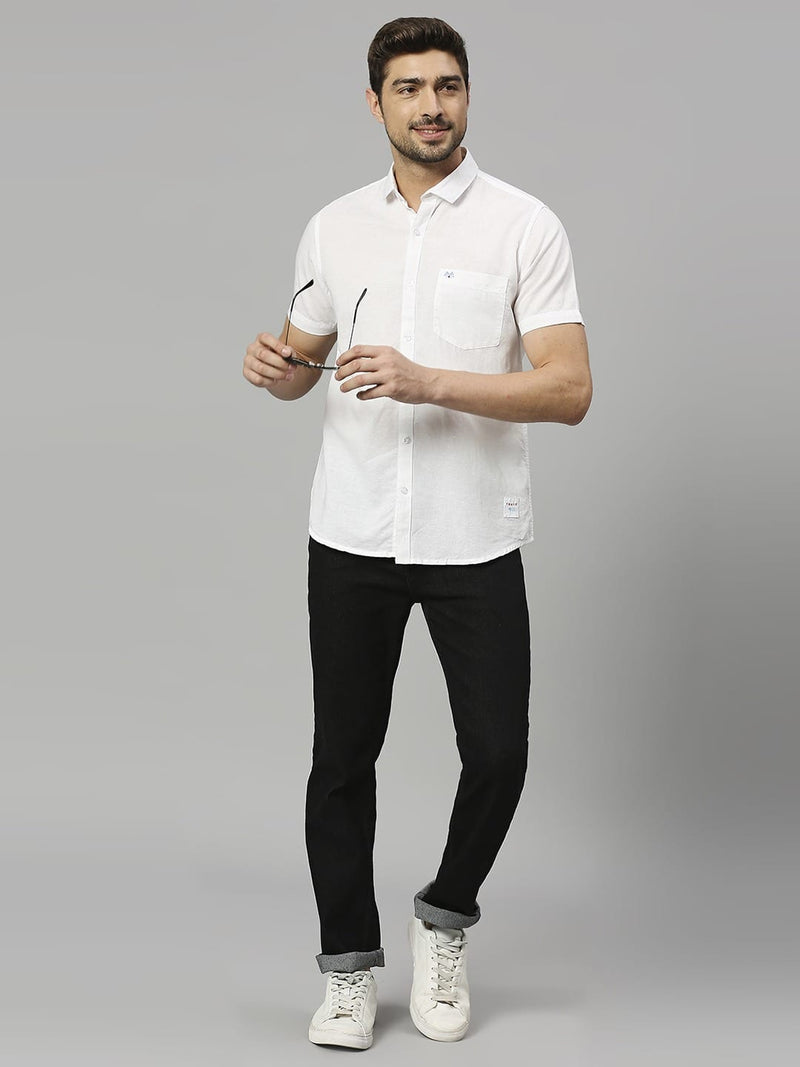 Thomas Scott Men Cutaway Collar Classic Slim Fit Cotton Linen Casual Shirt