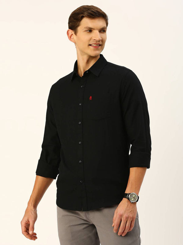 Black Classic Cotton Slim Fit Flannel Casual Shirt For Men