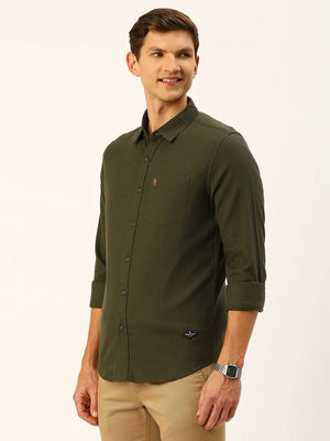 Olive Classic Slim Fit Flannel Casual Shirt For Men