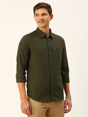 Olive Classic Slim Fit Flannel Casual Shirt For Men