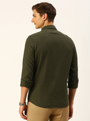 Olive Classic Slim Fit Flannel Casual Shirt For Men