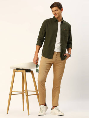 Olive Classic Slim Fit Flannel Casual Shirt For Men