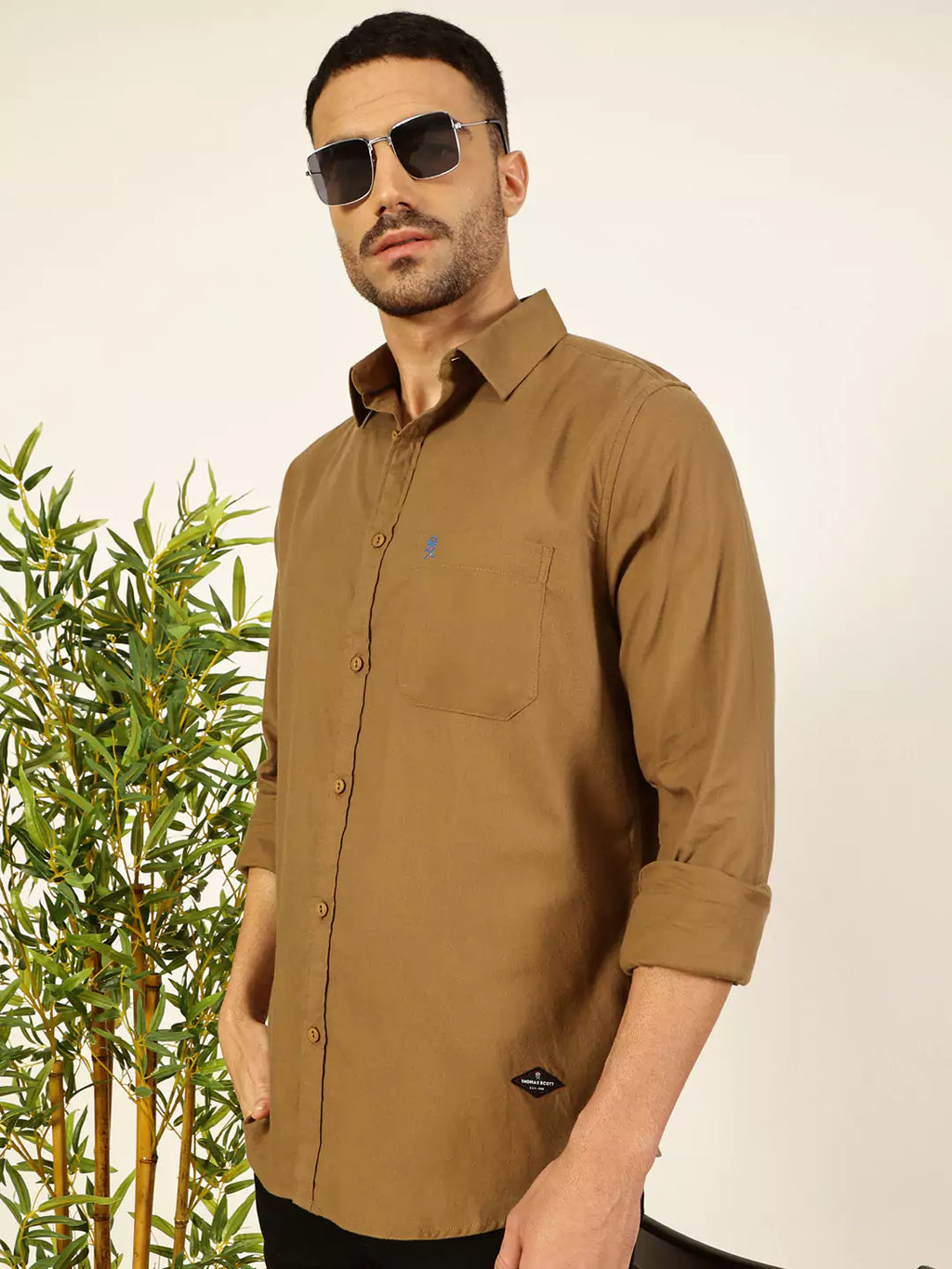 Thomas Scott Men Premium Spread Collar Solid Cotton Slim Fit Casual Shirt